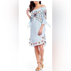 Philosophy blue Embroidered linen summer dress Coastal Boho chic, large